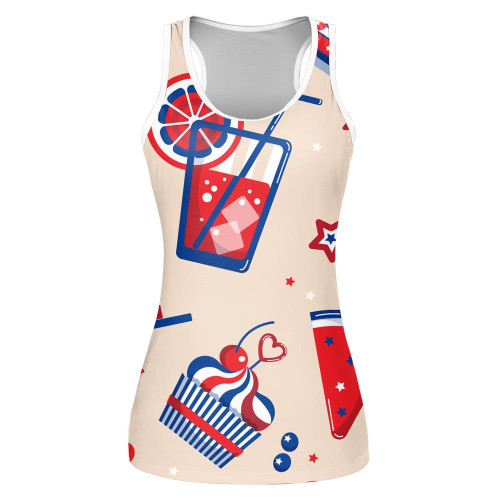 4th Of July Blue Red White Pattern With Food Drink Sweets Cupcakes Print 3D Women's Tank Top
