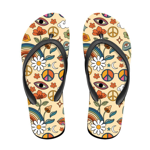 70s Hippie Style Psychedelic Elements Mushroom Rainbow Floral Retro Pattern Flip Flops For Men And Women
