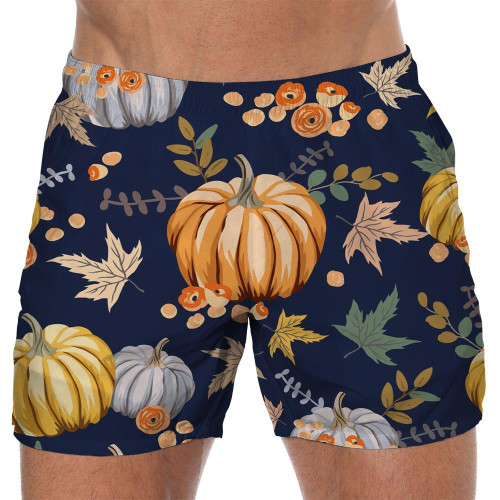 October Harvest Illustration Of Pumpkins Flowers And Maple Leafs 3D Men's Swim Trunks