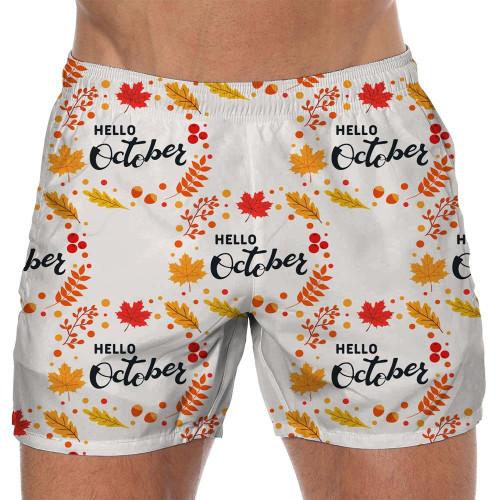 Bright Repeated Texture For Fall Season Hello October Leaves Wreath 3D Men's Swim Trunks