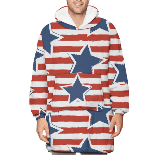 Happy 4th Of July USA Independence Day With Blue Star On Red Striped Unisex Sherpa Fleece Hoodie Blanket
