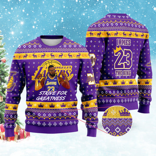 Lebron James Lakers King NBA Champion Crown Pattern Print Christmas Sweater