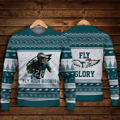 Miles Sanders Philadelphia Eagles Fly High Boobie Fly To Glory NFL Print Christmas Sweater