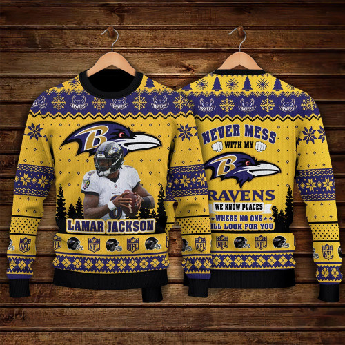 Lamar Jackson Baltimore Ravens Never Mess With My Ravens NFL Print Christmas Sweater