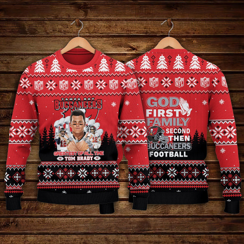 Tom Brady Tampa Bay Buccaneers G.O.A.T God First Family Second Then Buccaneers Football NFL Print Christmas Sweater