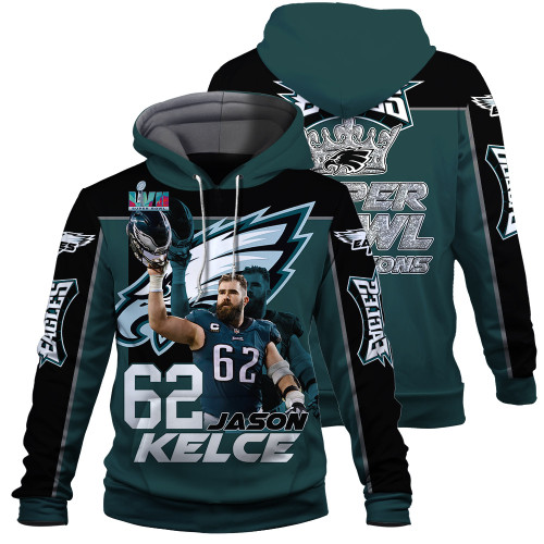 Jason Kelce Philadelphia Eagles NFL Super Bowl LVII 2023 Print 3D Green Gray Hoodie