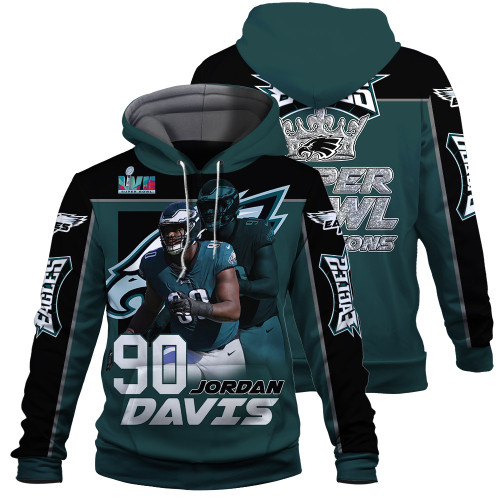 Jordan Davis Philadelphia Eagles NFL Super Bowl LVII 2023 Print 3D Green Gray Hoodie