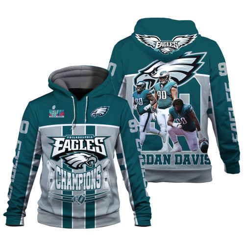 Jordan Davis Philadelphia Eagles NFL Super Bowl LVII Champions 2023 Print 3D Green Gray Hoodie