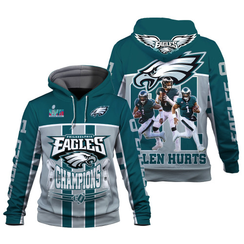 Jalen Hurts Philadelphia Eagles NFL Super Bowl LVII Champions 2023 Print 3D Green Gray Hoodie