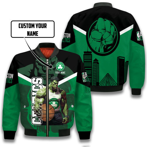 Boston Celtics Hulk Pattern Personalized Name 3D Bomber Jacket Gift For Fan