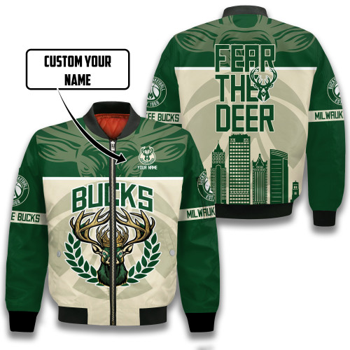 Milwaukee Bucks Mascot Strong Pattern Personalized Name 3D Bomber Jacket Gift For Fan