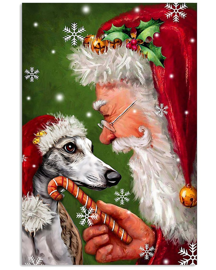 Whippet Puppy Smiles With Santa Claus Christmas Vertical Poster