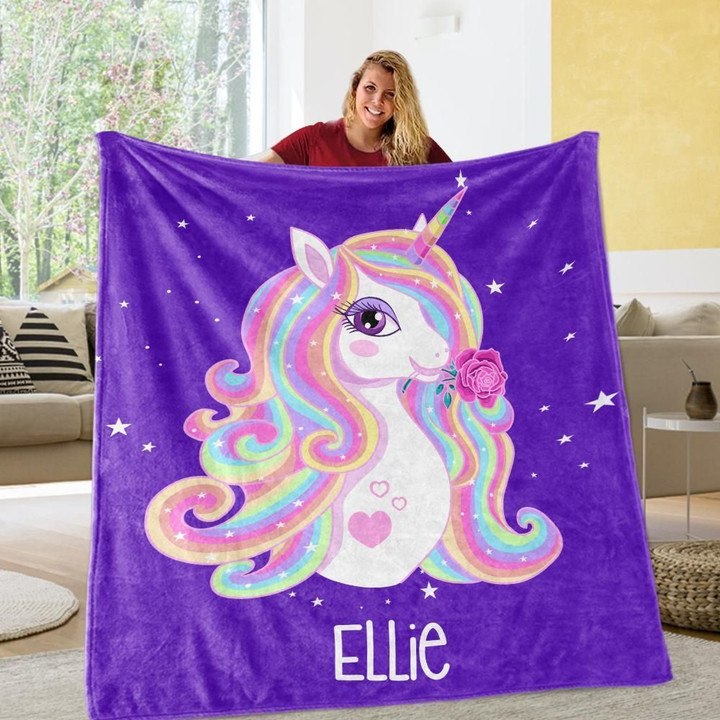 Purple Magical Unicorn Custom Text Name Sherpa Fleece Blanket