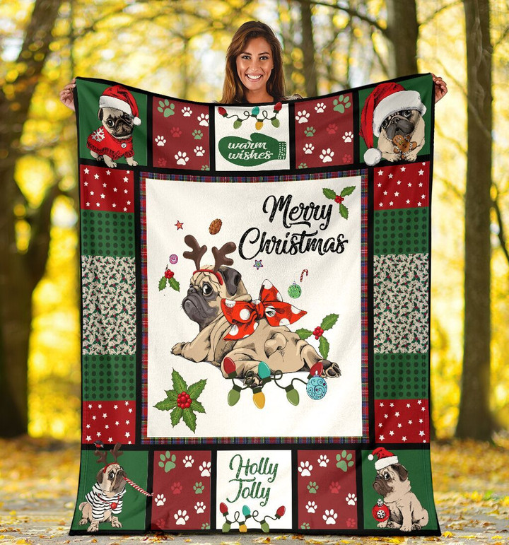 Merry Christmas Pug Christmas Xmas Sherpa Fleece Blanket