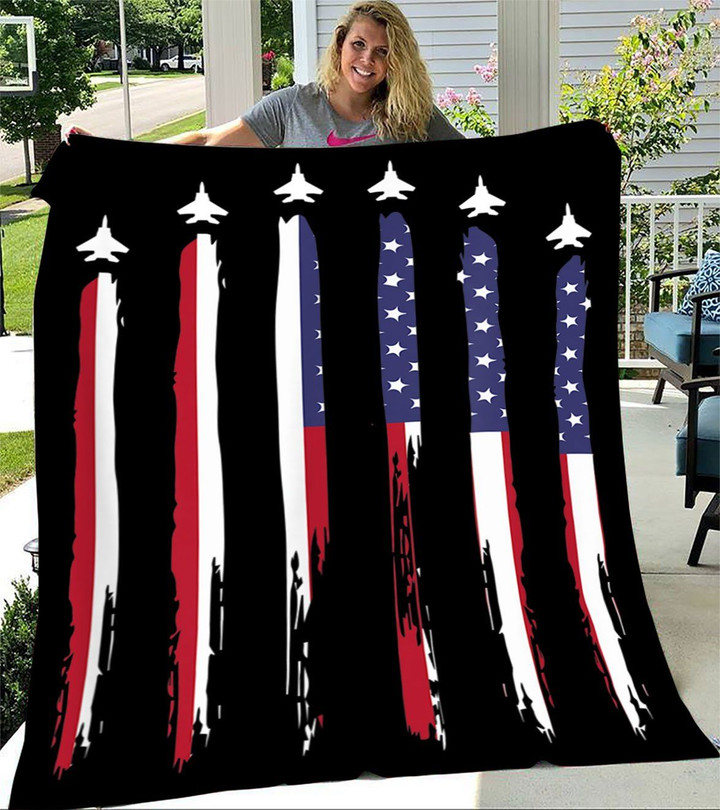 4th Of July Airplane Jet Fighter Usa Flag Printed Sherpa Fleece Blanket