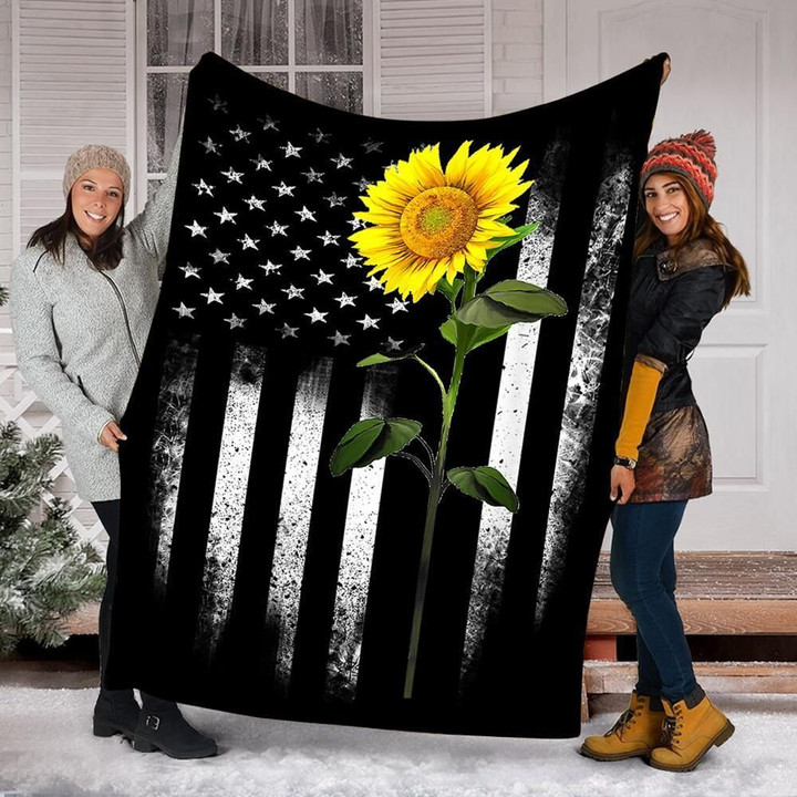 Sunflower American Flag 4th Of July Printed Sherpa Fleece Blanket