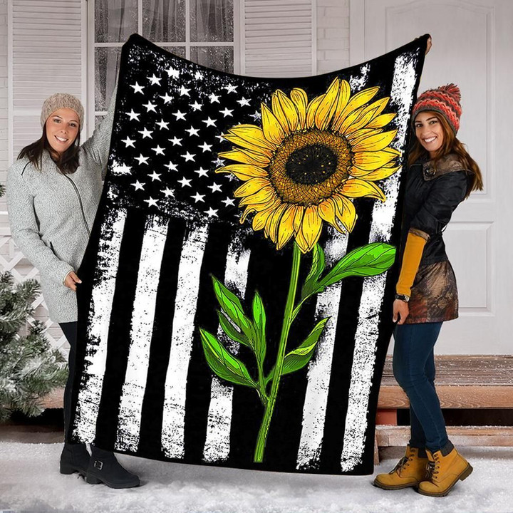 Sunflower American Flag Patriotic 4th Of July Sherpa Fleece Blanket