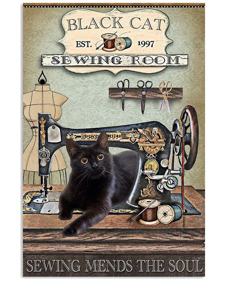 Black Cat Sewing Room Sewing Mends The Soul Trending Vertical Poster