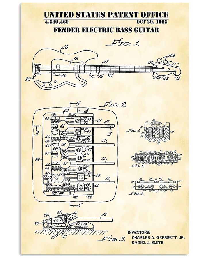 United States Patent Office Fender Electric Bass Guitar Custom Design Vertical Poster