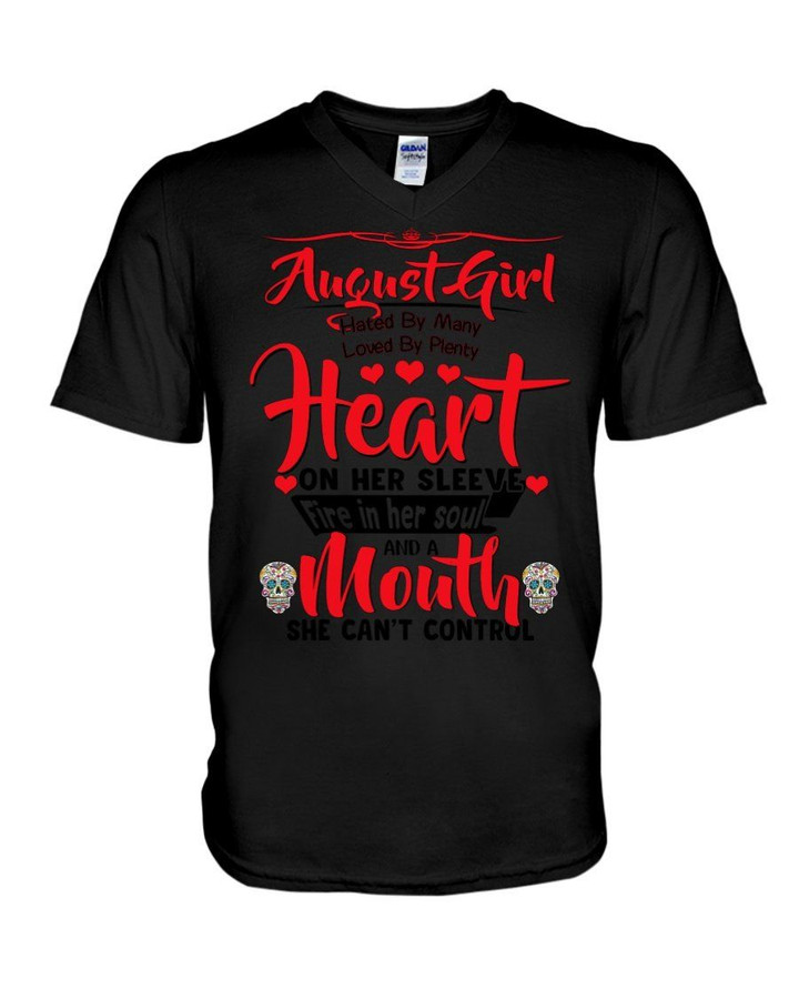 August Girl Heart On Her Sleeve A Mouth Can't Control Guys V-Neck