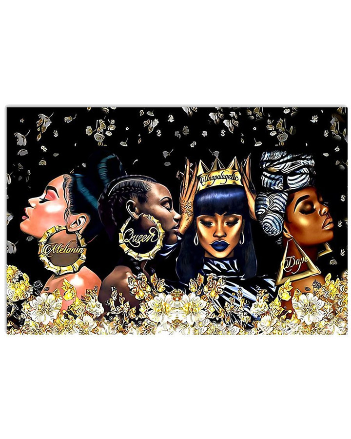 Beautiful Melanin Queen With Gold Flowers Matte Canvas Horizontal Poster