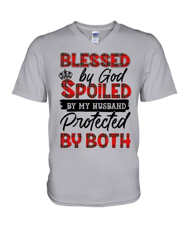 Blessed By God Spoiled By Husband Plaid Red Gift For Family Guys V-Neck