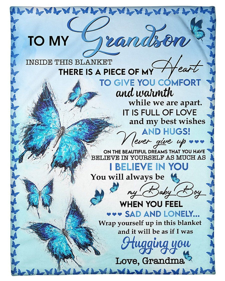 Sherpa Fleece Blanket Grandma Gift For Grandson Blue Butterflies Never Give Up Sherpa Fleece Blanket