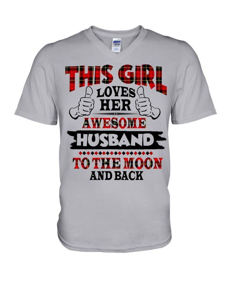 This Girl Loves Her Husband Plaid Red Gift For Husband Guys V-Neck