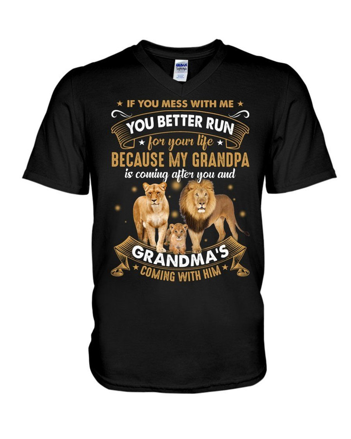Grandparent Gift For Grandkid Lion Family If You Mess With Me Guys V-Neck