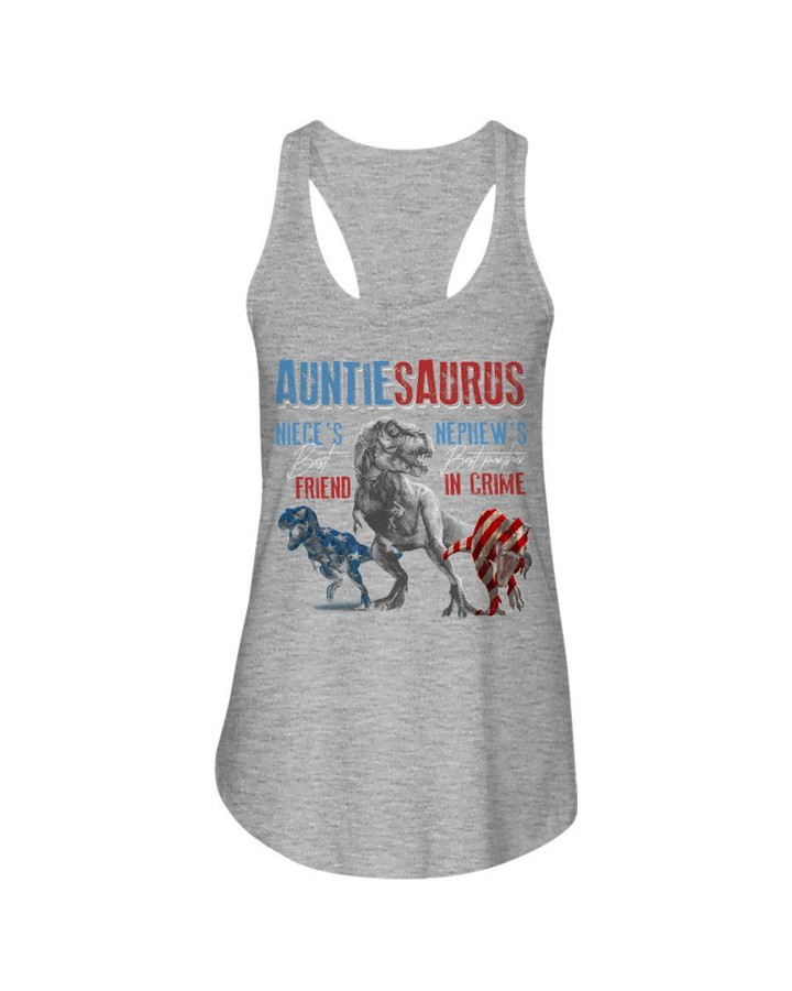Auntiesaurus Dinosaur USA Flag Best Friend And Best Partner In Crime Gift For Family Ladies Flowy Tank