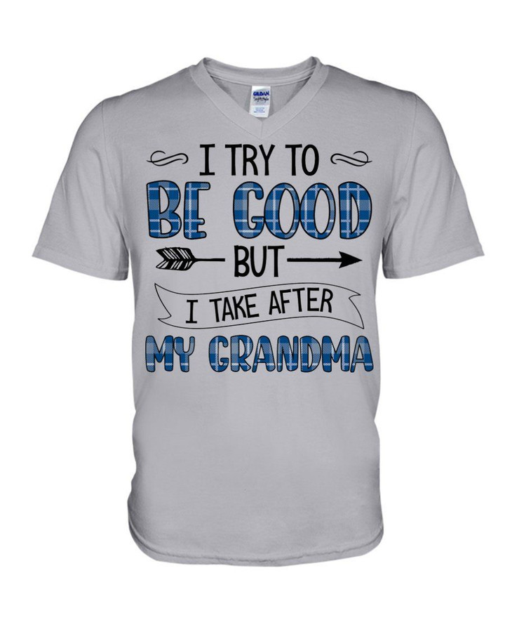 Grandma Gift For Grandchild Plaid Blue I Try To Be Good Guys V-Neck