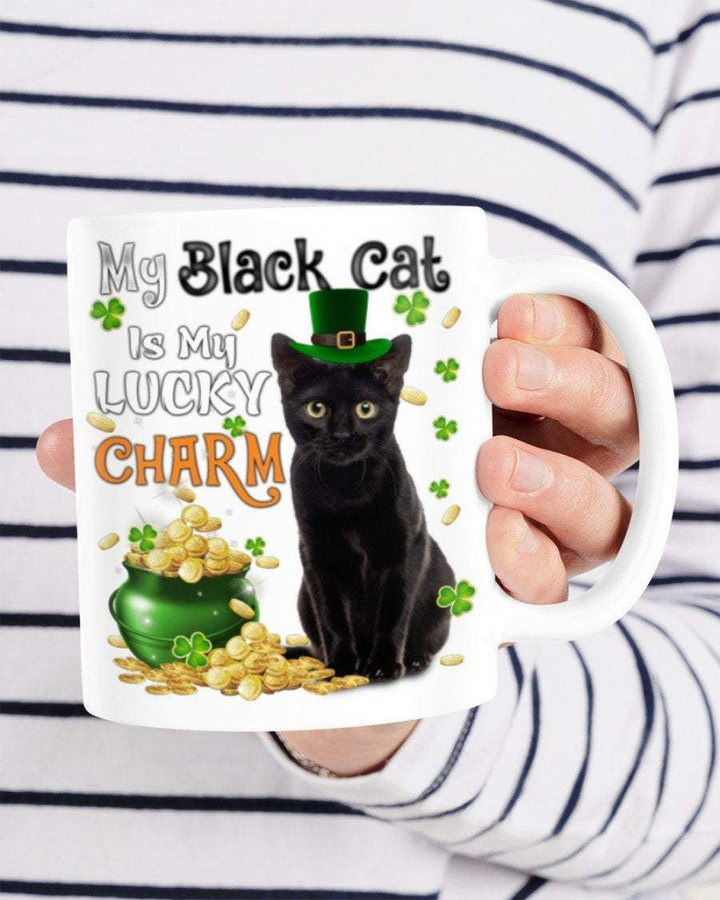 My Black Cat My Lucky Charm Shamrock St Patrick's Day Printed Mug