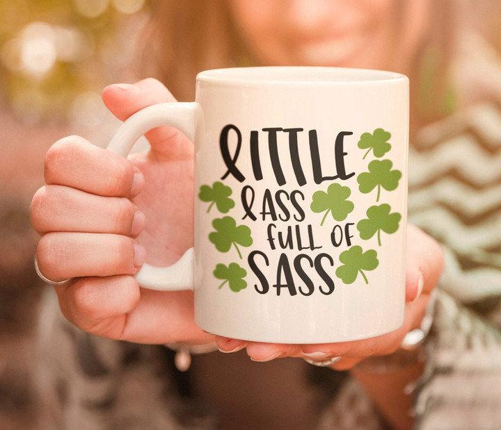 Little Lass Full Of Sass Shamrock St Patrick's Day Printed Mug