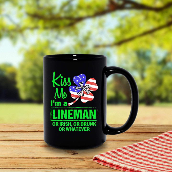 Kiss Me I'm A Lineman Shamrock St Patrick's Day Printed Mug