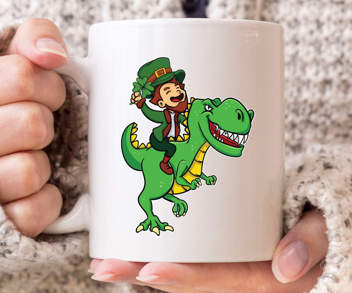 Leprechaun Riding Trex Clover St Patrick's Day Printed Mug
