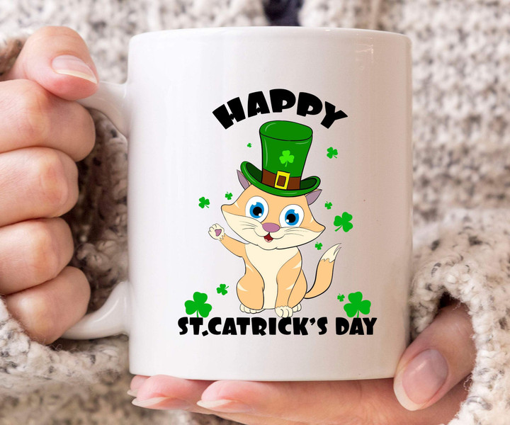 Yellow Cat Clover St Patrick's Day Printed Mug