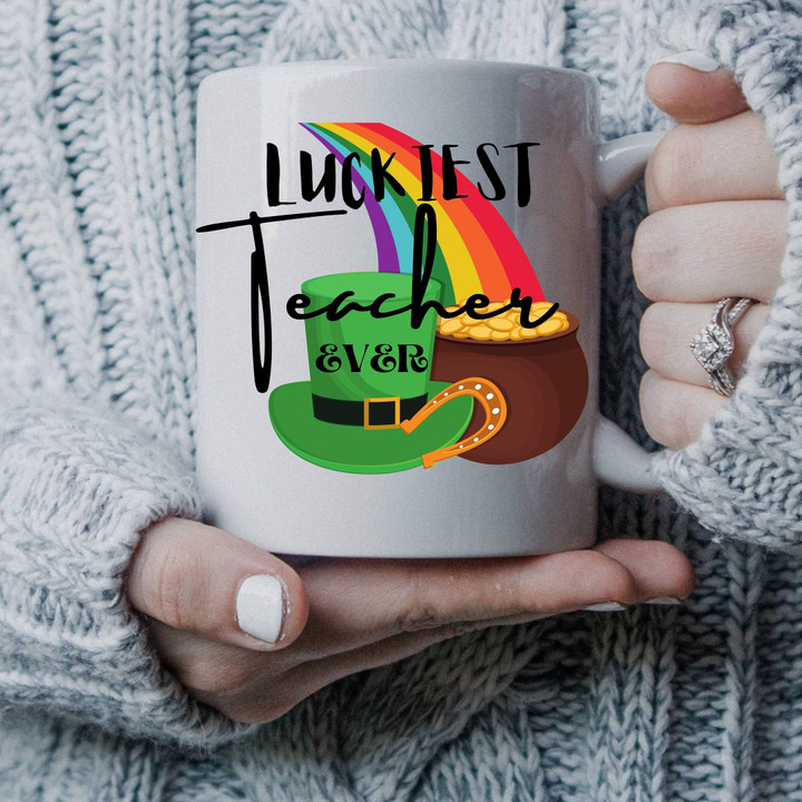 Luckiest Teacher Ever Rainbow Shamrock St. Patrick's Day Printed Mug