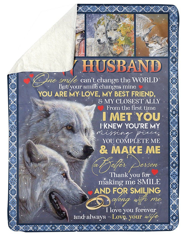 White Wolves I Met You Gift For Husband Sherpa Fleece Blanket