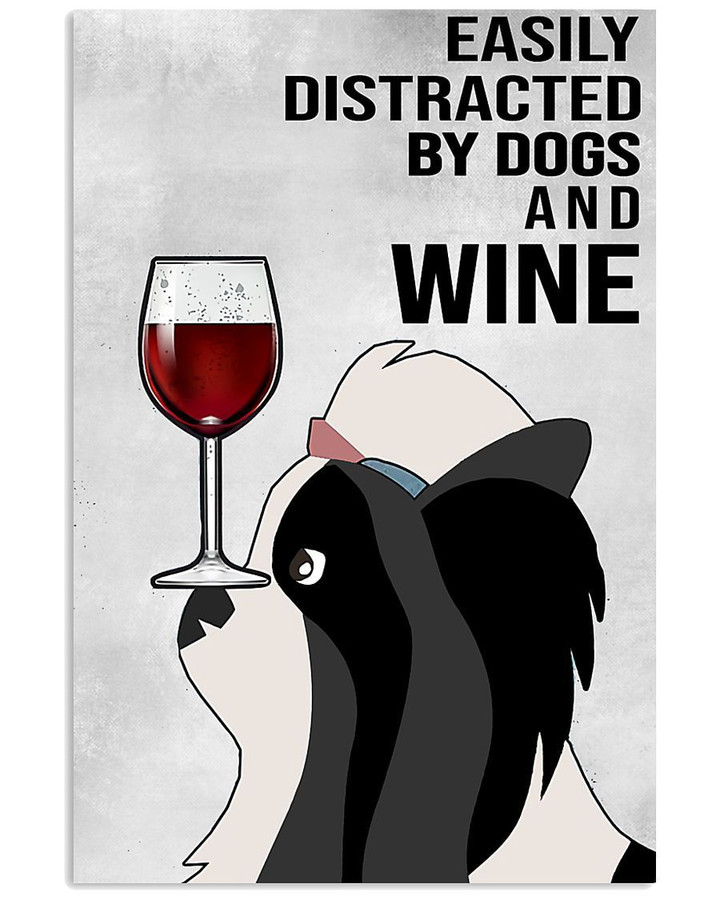 Lhasa Apso Dog And Red Wine Light Grey Background Gift For Dog Lovers Vertical Poster