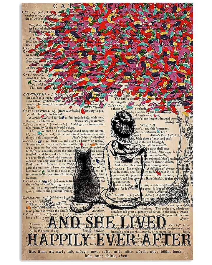 Cat And She Sitting Under Colorful Tree Lived Happily Ever After Vertical Poster