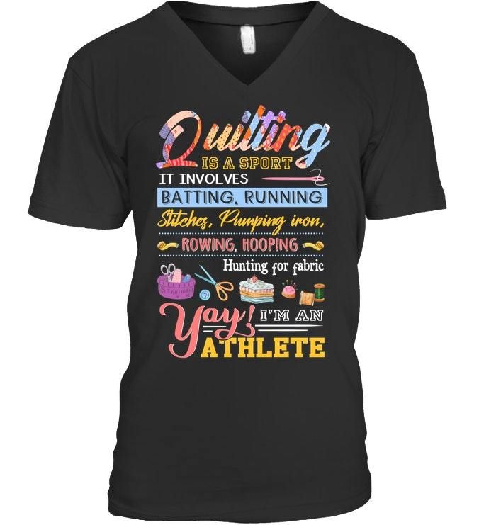 Quilting Is A Sport It Involes Batting Running Guys V-neck