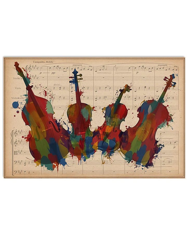 Contrabass Colorful With Music Sheet Watercolor Vitage Design Horizontal Poster