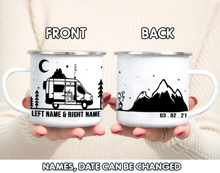 Custom Name And Date Muontain Car Black Ans White Campfire Mug
