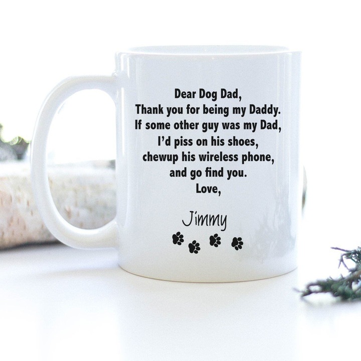 Custom Name Dear Dog Dad Foot Print White Printed Mug