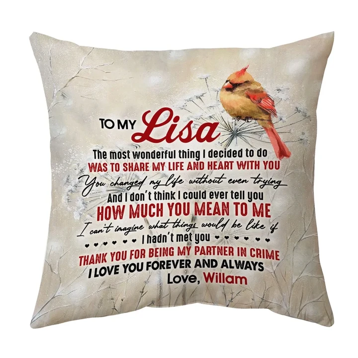 Cardinal Thank For Being My Partner In Crime Gift For Wife Printed Cushion Pillow Cover Custom Name