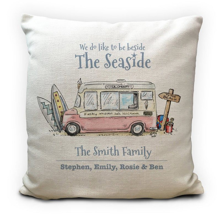 Custom Name Ice Cream Van Seaside Family Summer Holiday Printed Cushion Pillow Cover