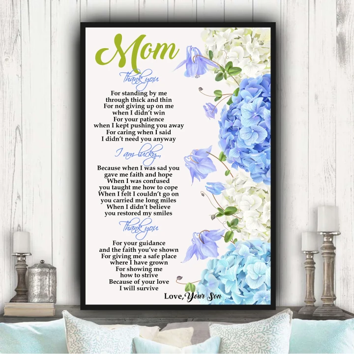 Thank You Matte Canvas Son Gift For Mom Blue And White Flower