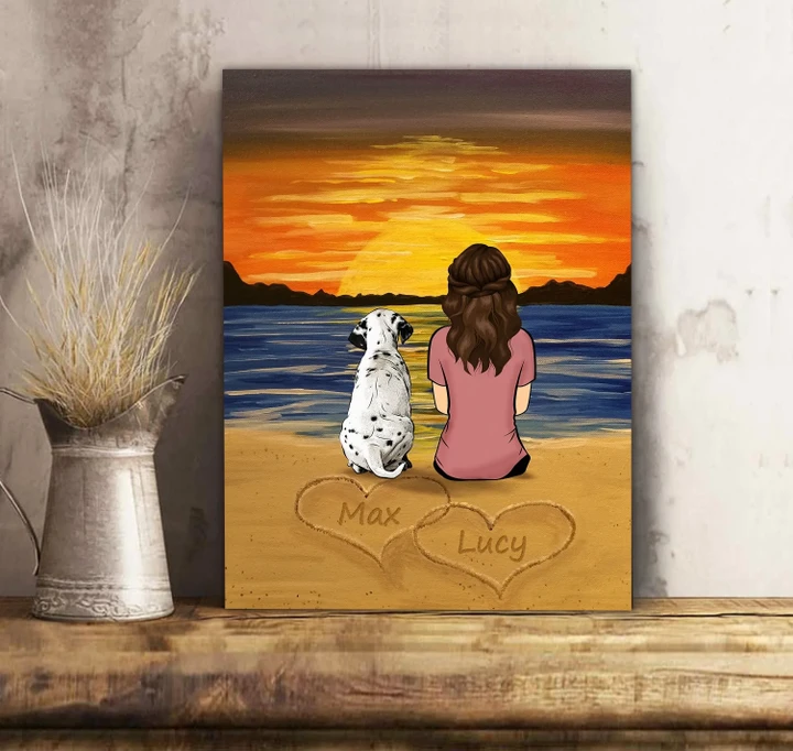 Dog And Friend Sunset On Beach Custom Name Matte Canvas