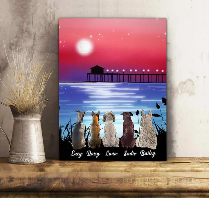 Dogs With Awesome Picture Moonlight On Water Custom Name Matte Canvas
