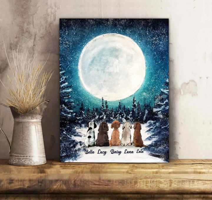 Winter Night Full Moon In Forest Dogs Custom Name Matte Canvas